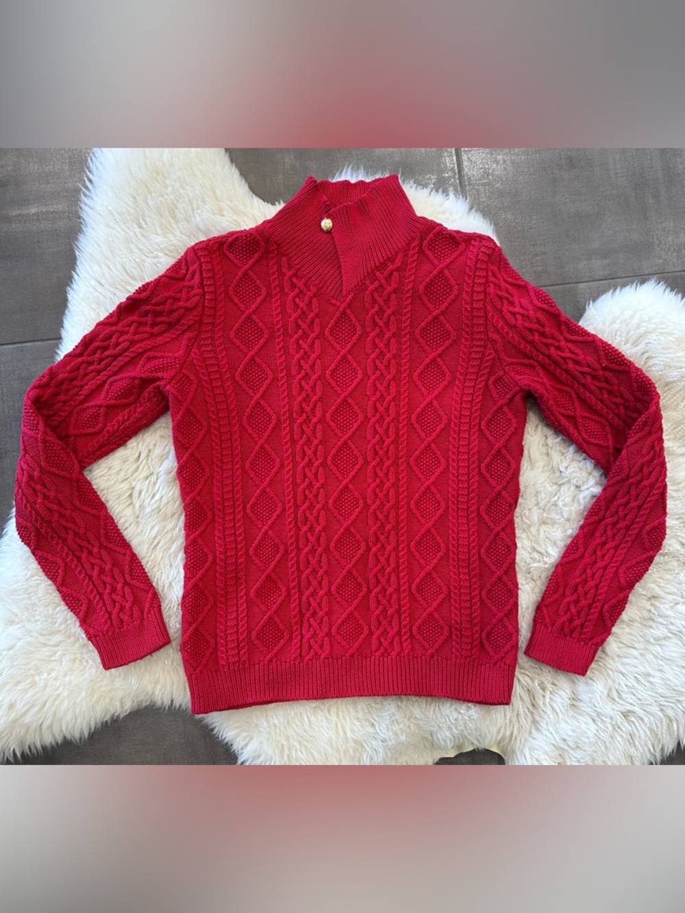 One of a Kind Lauren Ralph Lauren Red Cotton Cable Knit Sweater S Vintage Quilt - Picture 8 of 11